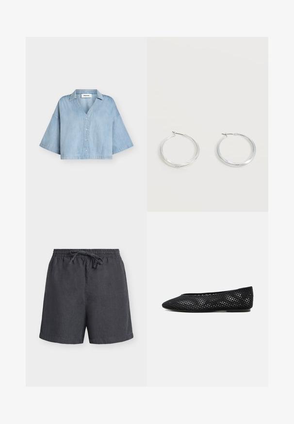 Chemise courte en jean bleu clair avec de larges manches jusqu'au coude, boutonnière à l'avant et col, présentée sur un fond uni.; Short en lin gris foncé avec taille élastique et cordon ajustable, longueur mi-cuisse, design épuré, présenté sur fond blanc.; Chaussure plate en mesh noir avec bout fermé et petit talon, présentant un design tissé respirant et un logo discret sur le côté.; Boucles d’oreilles créoles en métal argenté avec une surface lisse légèrement incurvée et des fermoirs à clapet sur un fond blanc uni.