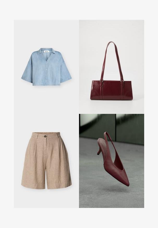 Chemise courte en jean bleu clair avec de larges manches jusqu'au coude, boutonnière à l'avant et col, présentée sur un fond uni.; Shorts en lin beige taille haute avec plis, fermeture à un bouton et passants de ceinture, présentés sur un fond blanc uni.; Escarpin à talon kitten en cuir bourgogne avec bout pointu, flottant au-dessus d'une surface grise texturée devant un mur vert foncé.; Sac à main bordeaux en matériau brillant, de forme rectangulaire, avec deux anses et des accents légèrement courbés à l'avant.