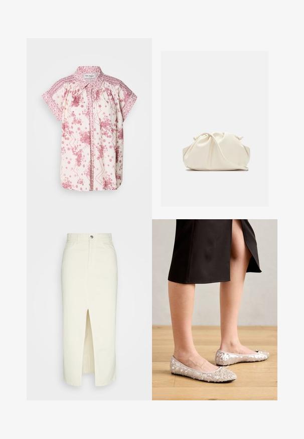 Kurzärmelige Bluse aus leichtem Creme-Stoff mit rosa Blumenmustern und dekorativem Smocking an den Schultern und am Kragen.; Weißer Denim-Midi-Rock mit Schlitz vorne, Fünf-Taschen-Design und Metallknopfverschluss. Glatte Textur, hochtailliert, gerade Silhouette.; Beige Glitzer-Ballerinas mit runder Zehenform und Schleifenakzent, kombiniert mit einem schwarzen Rock, auf einem Holzboden präsentiert.; Weiche, cremefarbene Leder-Clutch mit gerafftem Design und einem dünnen Schulterriemen, der vorne auf einem schlichten Hintergrund liegt.