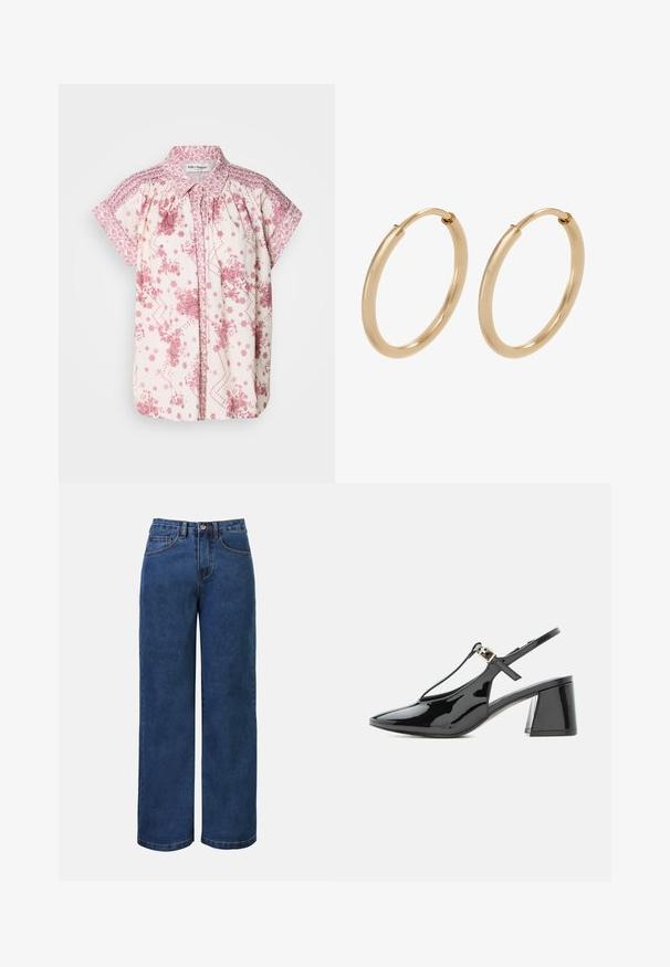 Kortærmet bluse i let cremefarvet stof med pink blomster mønstre og dekorativ smocking ved skuldrene og kraven.; Mørkeblå denim bukser med bred benvidde og høj talje, der har knaplukning, bæltestropper samt for- og baglommer. Glat tekstur.; Sort laklæder lavhælet slingback sko med spids tå og T-rem med lille guldbøjle.; Guldøreringe med en glat, poleret overflade. Rund form, mellemstor, med en sikker lukkemekanisme.