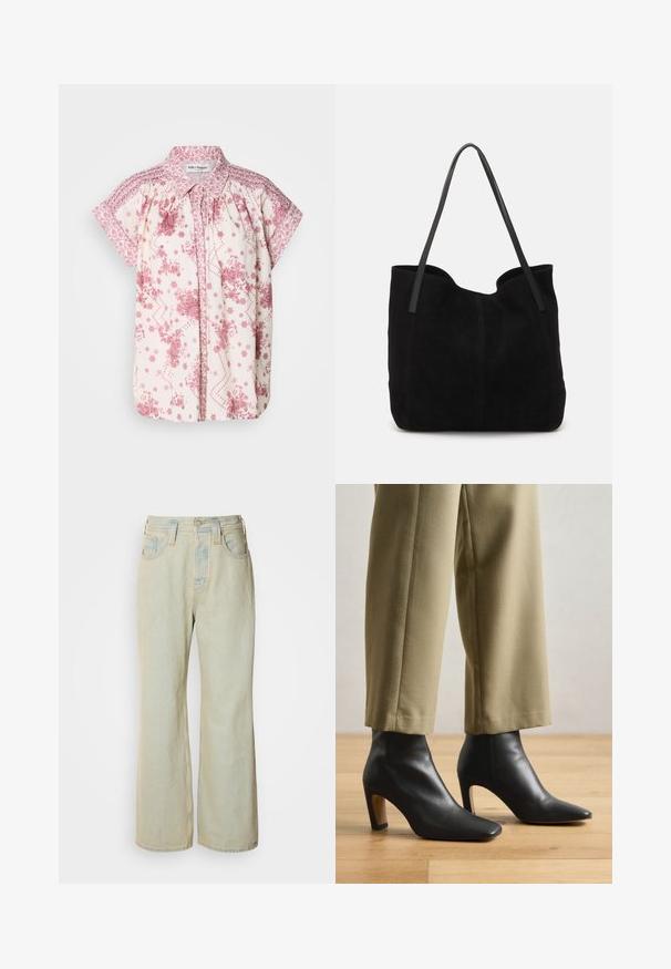 Kortærmet bluse i let cremefarvet stof med pink blomster mønstre og dekorativ smocking ved skuldrene og kraven.; Lysblå, brede bukser i denim med høj talje, fem lommer og diskret falmning med kontraststikninger.; Sorte læder ankelstøvler med spids tå, firkantet hæl og en glat overflade, parret med beige skræddersyede bukser.; Sort ruskinds totemed med to lange, flade læderremme. Har en buet topkant og synlige stikninger langs forsiden. Ingen hardware-dekorationer.