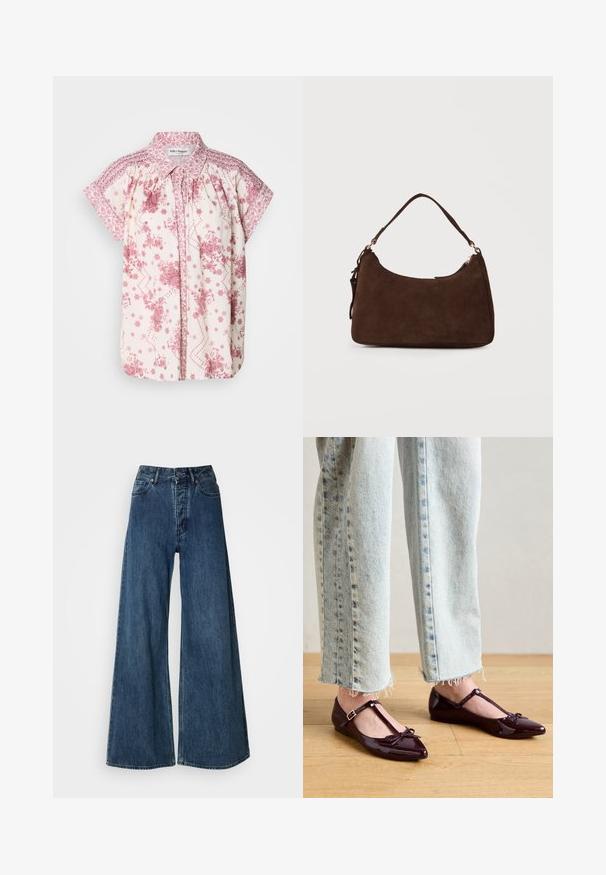 Kortærmet bluse i let cremefarvet stof med pink blomster mønstre og dekorativ smocking ved skuldrene og kraven.; Bredde bukser i denim i mørkeblå, med høj talje, fem-lomme design og kontrasterende syninger. Klassisk, holdbart stof.; Blanke bordeauxrøde balletflade sko med T-rem, der har en sløjfedetalje ved tåen. Kombination med cropped lyseblå denimjeans.; Brun ruskind skuldertaske med en enkelt rem og lynlåslukning mod en ensfarvet lys baggrund.