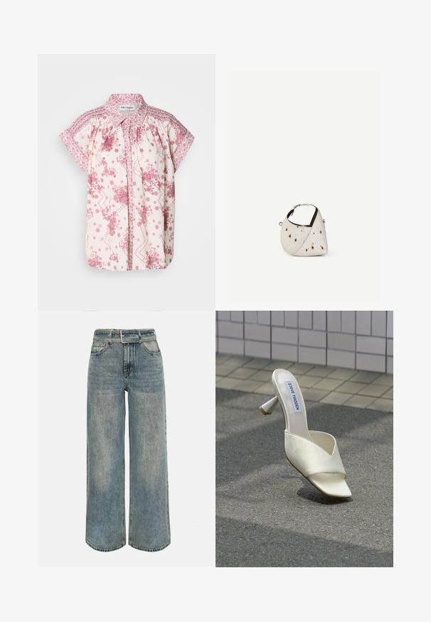 Kurzärmelige Bluse aus leichtem Creme-Stoff mit rosa Blumenmustern und dekorativem Smocking an den Schultern und am Kragen.; Hoch taillierte, weit geschnittene Jeans aus ausgewaschenem blauem Denim mit passendem Denim-Gürtel und klassischem Fünf-Taschen-Design.; Weißer Steve Madden Pantoletten mit offenem Zehenbereich und Blockabsatz, liegend auf grauem Asphalt nahe einer gefliesten Wand.; Kleine weiße Handtasche mit braunen Flecken, abgerundete dreieckige Form, schwarze Innenfutter und kurzer verstellbarer Riemen mit silberner Schnalle.