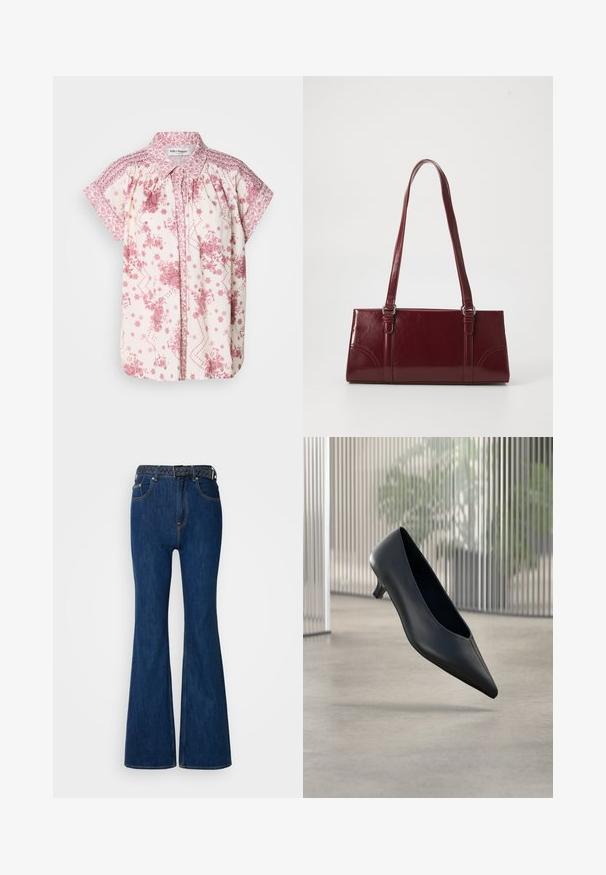 Kurzärmelige Bluse aus leichtem Creme-Stoff mit rosa Blumenmustern und dekorativem Smocking an den Schultern und am Kragen.; Blaue Denim-Jeans mit Schlag und hohem Bund, Kontrastnähten und einem gewebten Gürtel mit geflochtenem Design. Glatte Textur und klassischer Stil.; Schwarzer spitzer Kitten-Heel-Schuh, der über einem glatten Betonboden mit vertikalen transluzenten Paneelen im Hintergrund schwebt.; Burgunderfarbene Handtasche aus glänzendem Material, rechteckige Form, mit zwei Schulterriemen und subtilen, geschwungenen Akzenten an der Vorderseite.