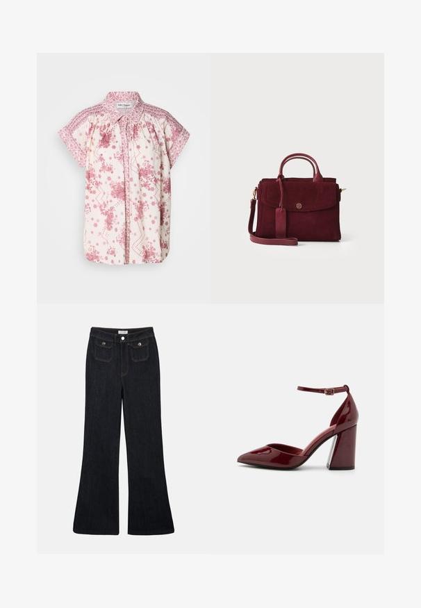 Kurzärmelige Bluse aus leichtem Creme-Stoff mit rosa Blumenmustern und dekorativem Smocking an den Schultern und am Kragen.; Schwarze, ausgestellt geschnittene Jeans aus Denim mit hoher Taille, zwei Fronttaschen und orangefarbenen Nähten. Das Material wirkt robust und glatt.; Burgunderrote Lackleder-Pumps mit Absatz, spitz zulaufender Zehenpartie, Knöchelriemen und blockartigem Absatz. Glatte Textur und elegantes Design.; Bordeaux samtige Handtasche mit einem strukturierten Design, oberen Griffen, einem abnehmbaren Schultergurt und einem Frontklappenverschluss mit goldenen Akzenten.