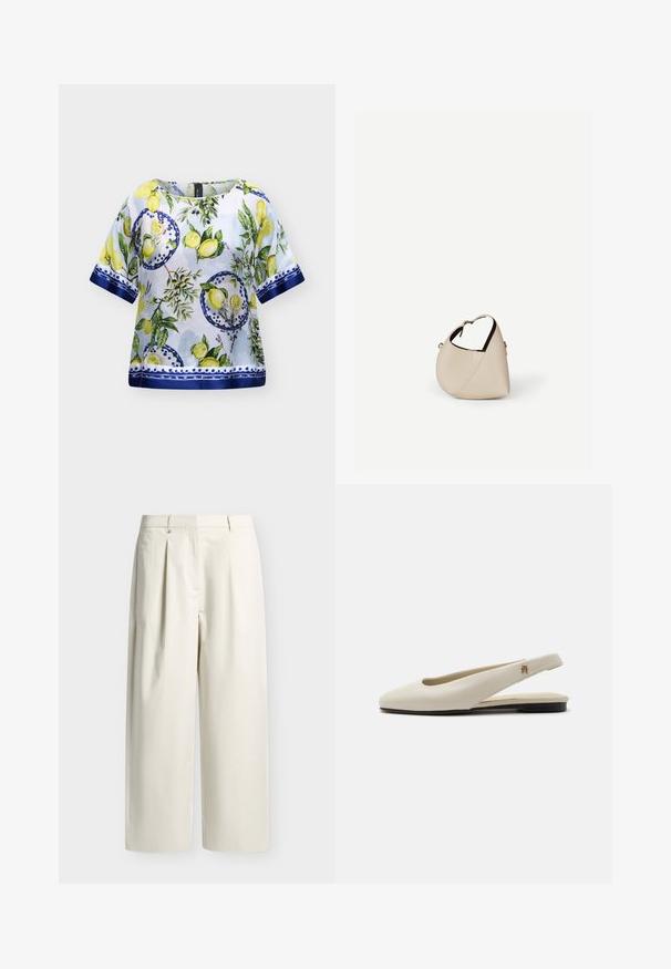 Blouse blanche à manches courtes avec bordure bleue et imprimé de citrons, tranches de citron, feuilles vertes et cercles décoratifs bleus.; Pantalon large couleur crème avec passants de ceinture et plis devant sur un fond clair uni.; Chaussure plate slingback en cuir couleur crème avec un bout arrondi et un petit emblème doré sur la bride.; Sac à main en cuir beige en forme de croissant avec une seule bandoulière et des coutures minimalistes, posé sur un fond blanc uni.