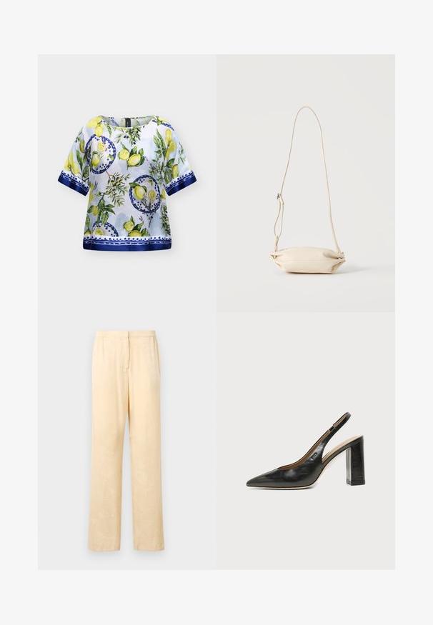 Blouse blanche à manches courtes avec bordure bleue et imprimé de citrons, tranches de citron, feuilles vertes et cercles décoratifs bleus.; Pantalons lâches de couleur jaune clair avec un motif de feuilles subtil. Dotés d'une taille élastique et d'une coupe droite. Texture lisse.; Chaussure slingback en cuir noir à bout pointu avec un talon bloc haut et une doublure intérieure beige sur un fond clair uni.; Petit sac bandoulière en cuir beige avec sangle ajustable, présenté sur un fond clair uni.