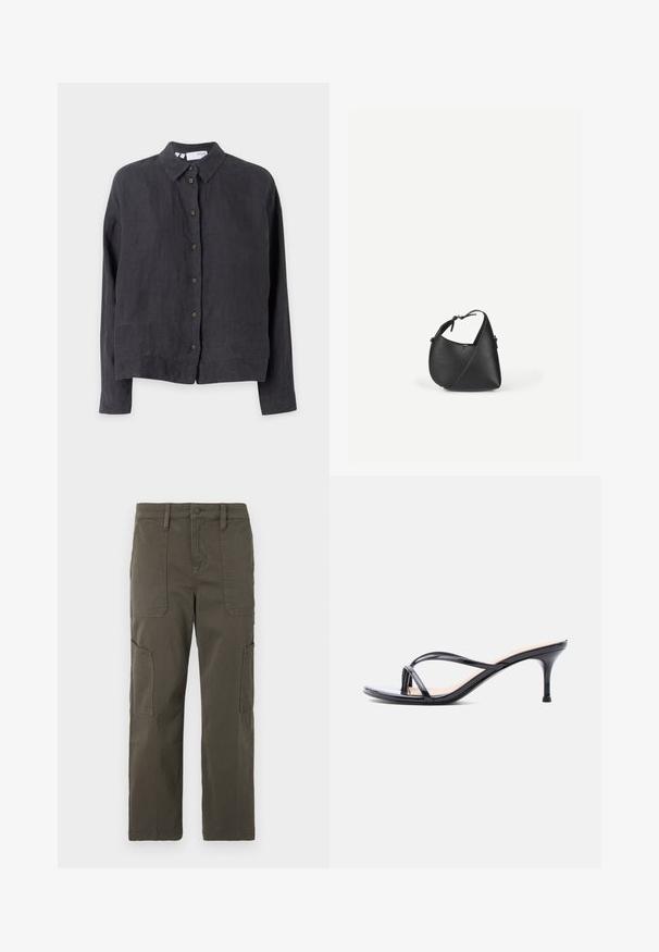 Mørkegrå linned skjorte med knapper, krave, lange ærmer og brune knapper foran. Skjorten har en afslappet pasform og en glat tekstur.; Good American CROPPED PANTS - Cargobukser - fatigue; Sort laklædersandal med hæl, tynde krydsede remme og en slank mellemhøj stilethæl på en hvid baggrund.; Sort skuldertaske i læder med en afrundet trekantet form og justerbar rem på en ensartet lys baggrund.