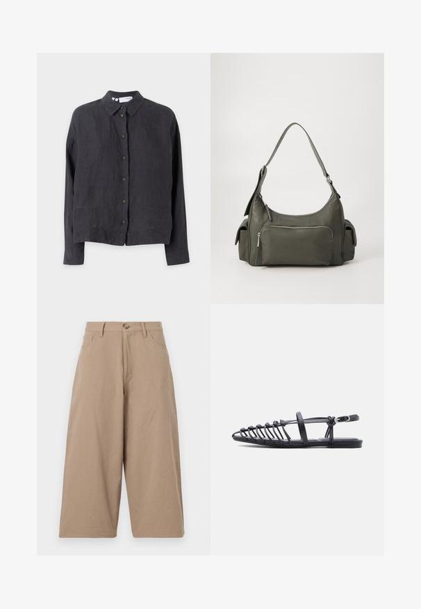 Chemise boutonnée en lin gris foncé avec col, manches longues et boutons marron sur le devant, présentant une coupe décontractée et une texture lisse.; Pantalons larges kaki en coton, dotés d'une taille haute, de poches frontales et d'une fermeture à bouton unique. Texture lisse et coupe droite.; Sandale plate noire avec plusieurs fines lanières, bride à boucle à la cheville et design cage à bout ouvert sur fond blanc.; Sac à épaule en cuir vert avec un design arrondi, poche zippée à l'avant et poches supplémentaires sur les côtés. Texture lisse et matériel minimal.