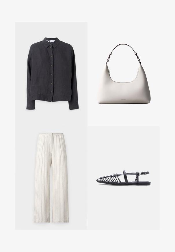 Dunkelgrauem Leinenhemd mit Kragen, langen Ärmeln und braunen Knöpfen entlang der Vorderseite, das eine lockere Passform und eine glatte Textur aufweist.; Samsøe Samsøe SATOVE TROUSERS - Stoffhose - egret; Schwarze flache Sandale mit mehreren dünnen Riemen, verstellbarem Knöchelriemen mit Schnalle und offenem Zehenkäfig-Design vor weißem Hintergrund.; Cremefarbene Calvin Klein Lederschultertasche mit gebogener Oberkante, silbernem Reißverschluss und dunkelbraunem verstellbarem Riemen.