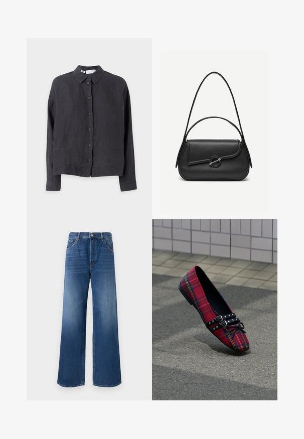 Tumehall linane nööbiga särk, millel on krae, pikad varrukad ja pruunid nupud ees, millel on mugav lõige ja sile tekstuur.; Keskmise sinise värvusega laiad jalad denim püksid, viiest taskust koosnev disain, nööbiga sulgemine ja õrn tuhmumine reite piirkonnas tekstuuri lisamiseks.; Punane tartaanist madal kontsaga king, terava varbaga, mustade naelutatud topeltpaelte ja paelaga, asetatud asfaltile plaatidega kaetud seina lähedale.; Mustast nahast käekott ümarate äärtega, asümmeetrilise kaanega, metallist ümar lukk ja nii lühikeste kui ka pikkade õlapaeltega.