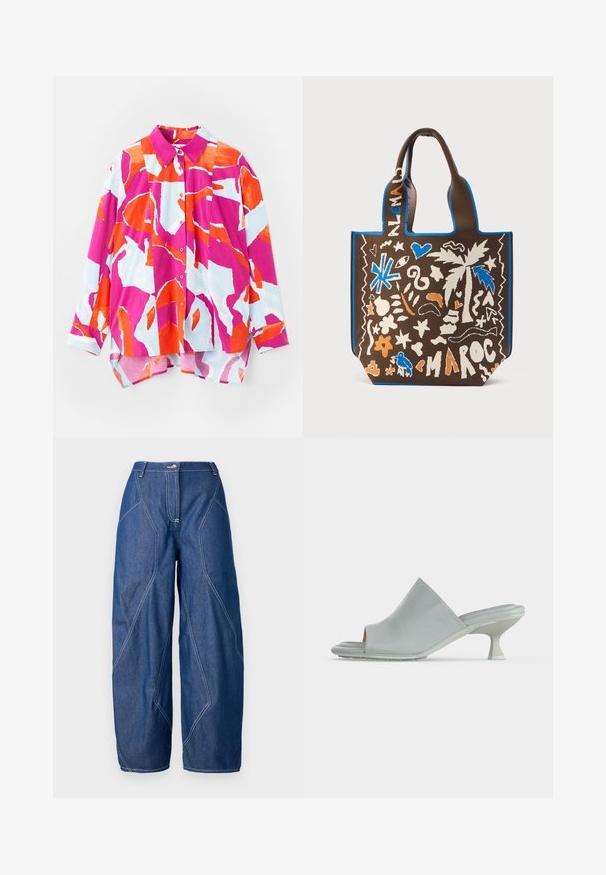 Napapaita pyjamashirt, jossa on värikäs abstrakti kuvio vaaleanpunaisena, oranssina ja vaaleansinisena. Valmistettu sileästä kankaasta, jossa on kaulus ja pitkät hihat.; Tumman siniset leveälahkeiset farkut, joissa on kontrastina valkoinen ompelu. Varustettu napilla suljettavalla vyötäröllä ja korkea vyötärö, kulmikkailla sauman yksityiskohdilla.; Valkoinen avoin varvassandaali, jossa on pehmustettu pohja ja kaartuva, keskikorkea kitten-juuri yksivärisellä taustalla.; Ruskea olkalaukku sinisillä reunoilla, jossa etupuolella leikkisä kuva palmuista, sydämistä ja abstrakteista muodoista oranssina ja valkoisena.