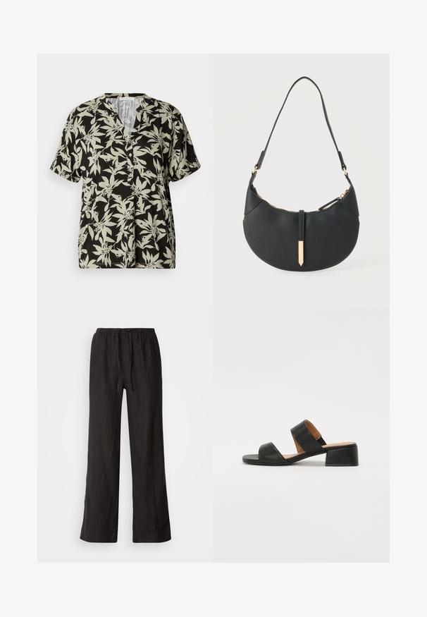 Chemise à manches courtes noire avec un motif floral vert clair, décolleté en V et détail de boutons. Fabriquée en tissu doux avec une coupe décontractée.; Pantalons noirs amples avec une taille élastique et un cordon de serrage. Fabriqués dans un tissu léger avec une texture lisse et des jambes droites.; Sandale en cuir noir avec deux larges bandes traversant le pied, un bout carré et un petit talon carré. Texture lisse et design minimal.; Sac à main noir en forme de croissant avec une bandoulière unique, une fermeture éclair dorée et une languette décorative rectangulaire dorée à l'avant.