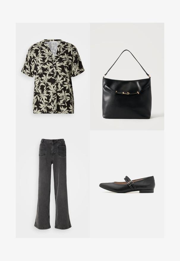 Chemise à manches courtes noire avec un motif floral vert clair, décolleté en V et détail de boutons. Fabriquée en tissu doux avec une coupe décontractée.; Jean noir taille haute à jambes larges en denim, avec une fermeture à bouton, des passants de ceinture et deux poches arrière avec des accents cousus.; Chaussure noire en cuir de style Mary Jane avec bout pointu, deux sangles à boucle, talon bas et texture lisse. Conçue pour une apparence formelle.; Sac à épaule en cuir noir avec une bandoulière unique et un petit détail de boucle dorée à l'avant, sur un fond clair uni.