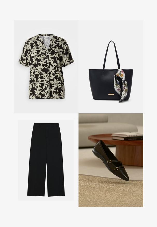 Chemise à manches courtes noire avec un motif floral vert clair, décolleté en V et détail de boutons. Fabriquée en tissu doux avec une coupe décontractée.; Pantalons noirs à jambe large en tissu lisse. Dotés d'une taille plate avec passants de ceinture et sans poches visibles. Design simple.; Chaussure plate noire à bout pointu avec deux fines brides à boucle flottant au-dessus d'un tapis beige, avec une table basse en bois et des livres en arrière-plan.; Sac fourre-tout en cuir noir avec deux poignées, orné d'une écharpe en soie florale attachée à la poignée et d'un accent logo métallique à l'avant.