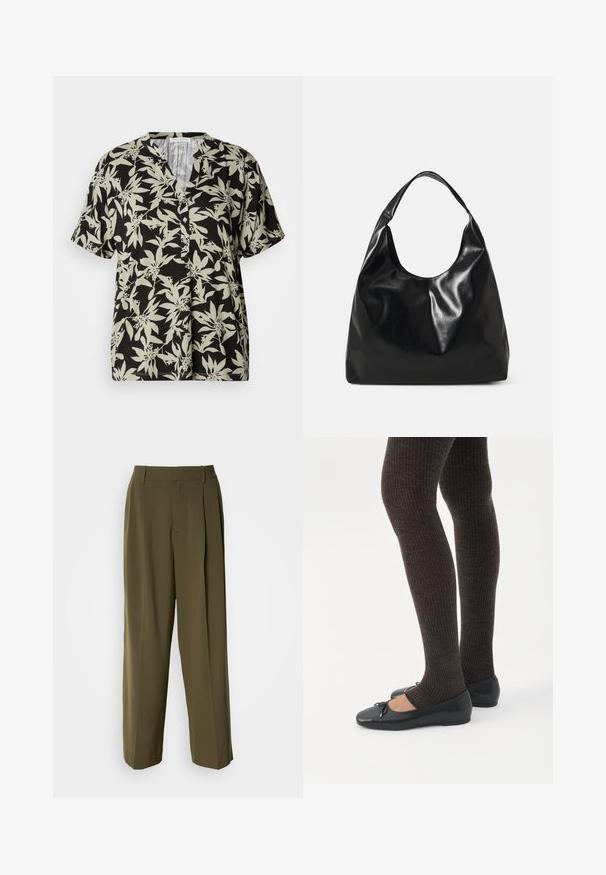 Chemise à manches courtes noire avec un motif floral vert clair, décolleté en V et détail de boutons. Fabriquée en tissu doux avec une coupe décontractée.; Pantalons à jambes larges vert olive en tissu lisse, dotés d'une taille haute, de plis sur le devant et de poches latérales pour plus de fonctionnalité.; Jambes portant des leggings côtelés foncés associés à des ballerines noires avec de petits détails en nœud sur fond blanc.; Sac hobo en cuir noir avec une texture douce et brillante et un haut ouvert arrondi. Dispose d'une large sangle courbée pour le transport. Pas de matériel visible.
