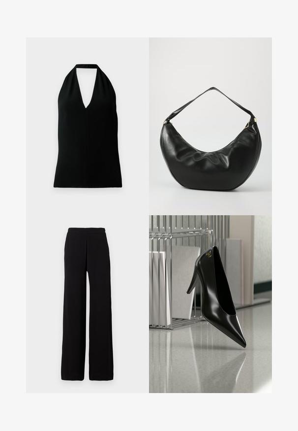 Zwart mouwloos haltertop met een diepe V-hals en rugband, weergegeven op een witte achtergrond.; Zwarte broek met wijde pijpen gemaakt van zachte stof met een elastische tailleband, met een strak design zonder zichtbare patronen of accenten.; Zwart hooggehakt schoen met puntige neus en gouden logo, geplaatst op een reflecterend oppervlak naast een verchroomde draadordner met documenten.; Zwarte leren schoudertas met een gebogen vorm, zachte textuur en een enkele schouderband; beschikt over een gouden rits en subtiele branding.