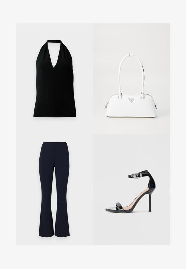 Top sin mangas negro tipo halter con un escote en V profundo y tirante trasero, exhibido sobre un fondo blanco.; Pantalones acampanados de color azul marino, confeccionados en una tela suave, con una cintura alta y un ligero estiramiento para mayor comodidad. Sin herrajes ni patrones visibles.; Sandalia de tacón alto en piel sintética negra con correa en el tobillo. Presenta un diseño minimalista, punta abierta y una hebilla con detalles de pedrería.; Bolso de cuero blanco con forma curva, que presenta un logo triangular plateado y cierre de cremallera. Textura lisa y dos asas.