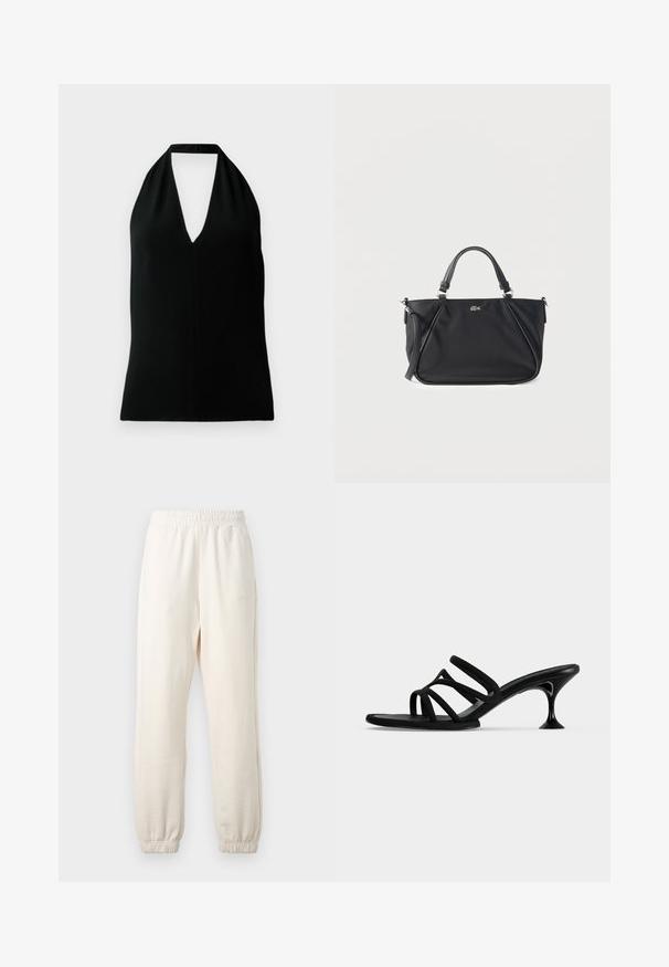 Top sin mangas negro tipo halter con un escote en V profundo y tirante trasero, exhibido sobre un fondo blanco.; Pantalones de chándal color crema con cinturilla y puños elásticos, mostrados extendidos sobre un fondo claro.; Sandalia mule negra con cuatro tiras finas y un tacón kitten acampanado sobre un fondo claro y liso.; Bolso de mano de cuero negro con dos asas superiores, una correa de hombro desmontable y un pequeño logo de cocodrilo en el centro delantero.