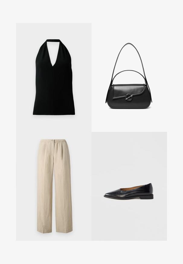 Top sin mangas negro tipo halter con un escote en V profundo y tirante trasero, exhibido sobre un fondo blanco.; Pantalones de pierna ancha beige, hechos de una tela suave, con una cintura elástica fruncida y un cierre con botón en la parte delantera. Textura suave con pliegues.; Zapato plano de cuero negro con punta puntiaguda y tacón cuadrado bajo. Textura lisa, diseño minimalista y sin elementos visibles ni patrones.; Bolso de hombro de cuero negro con una solapa curva asegurada por un broche metálico redondo y una correa delgada y ajustable.