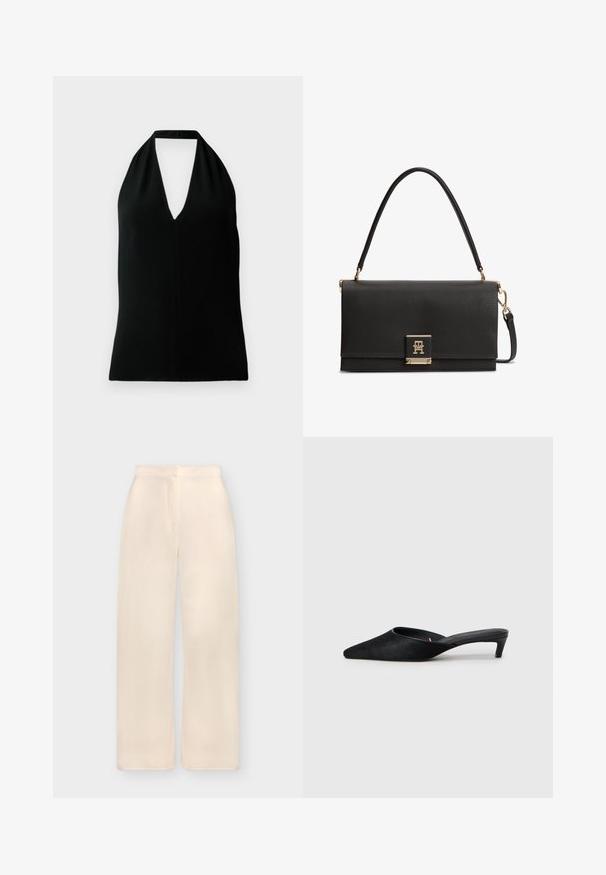 Top sin mangas negro tipo halter con un escote en V profundo y tirante trasero, exhibido sobre un fondo blanco.; Pantalones de corte ancho y cintura alta en color crema con cierre frontal oculto y textura de tela suave.; Mules de ante negro con puntera afilada y tacón bajo. Presentan una textura suave y una parte trasera abierta para facilitar su uso. Diseño sencillo sin patrones.; Bolso de mano de cuero negro texturizado con asa superior y cierre con logo en tono dorado en la solapa frontal, con una correa de hombro desmontable.