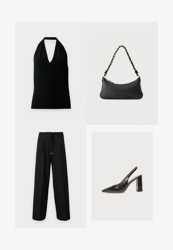 Top sin mangas negro tipo halter con un escote en V profundo y tirante trasero, exhibido sobre un fondo blanco.; Pantalones negros de pierna ancha con cintura ajustable mediante cordón, con pliegues y textura suave. El diseño destaca la comodidad y un ajuste holgado.; Zapato de mujer slingback de piel negra con puntera puntiaguda y tacón alto grueso de bloque sobre fondo blanco.; Bolso de hombro de cuero negro con forma rectangular curvada, cadena dorada entrelazada en una correa negra trenzada y cierre superior con cremallera.