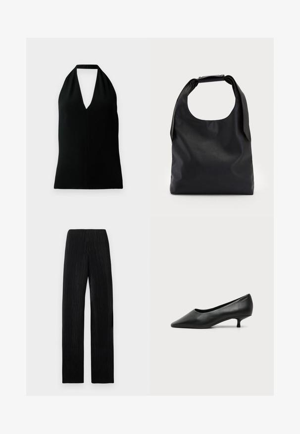 Top sin mangas negro tipo halter con un escote en V profundo y tirante trasero, exhibido sobre un fondo blanco.; Pantalones negros de talle alto y pierna ancha con sutiles plisados verticales, exhibidos planos sobre un fondo gris claro.; Zapato de mujer negro de cuero con tacón bajo, puntera puntiaguda y pequeño tacón kitten sobre fondo claro liso.; Bolso de mano de cuero negro con una gran abertura superior y una sola correa para el hombro. Textura suave, diseño minimalista, con detalles sutiles de herrajes.