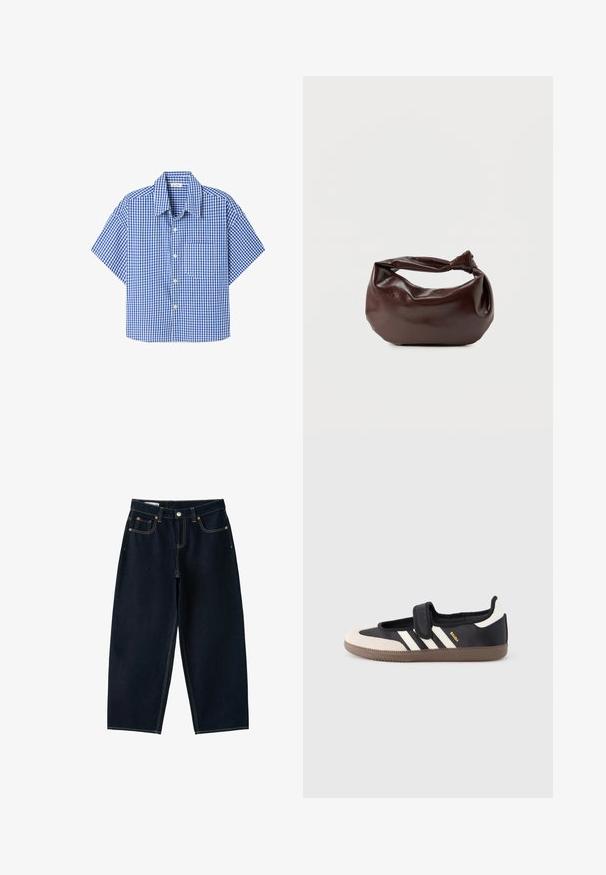 Chemise à manches courtes à carreaux bleu et blanc, boutonnée, avec col et poche poitrine.; Jean bleu foncé à jambes larges avec cinq poches, fermeture par bouton et coutures contrastées sur fond blanc.; Baskets noires et beiges avec une bride en velcro, trois bandes blanches sur le côté, et une semelle en caoutchouc marron texturée. Logo de la marque visible.; Sac bandoulière en cuir marron foncé avec une forme souple et décontractée et une anse nouée torsadée sur un fond blanc uni.