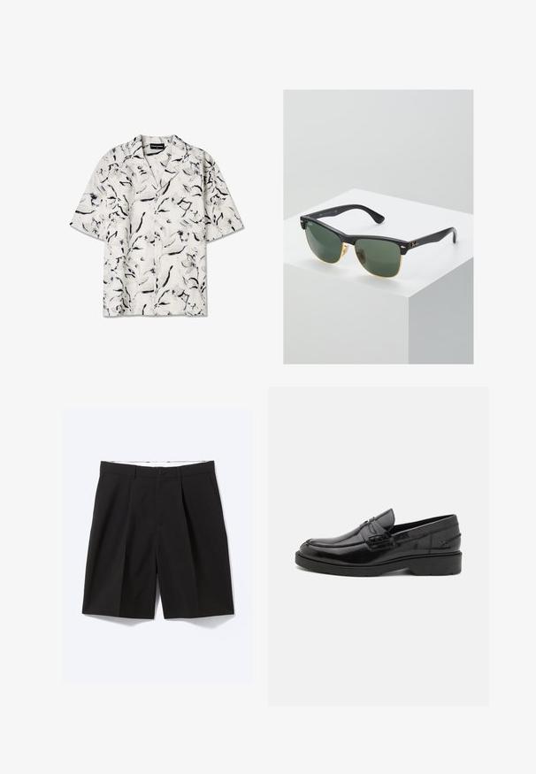 Kurzärmliges, offenes Kragenhemd mit weißem Grund und schwarzen sowie grauen Blumenmustern. Leichter Stoff mit Knopfdetails.; Schwarze, maßgeschneiderte knielange Shorts mit Gürtelschlaufen, Seitentaschen, Knopfverschluss und vorderen Falten, flach auf weißem Hintergrund ausgelegt.; Schwarze Lederloafers mit glatter Oberfläche, abgerundetem Zehenbereich, niedrigem Absatz und dekorativer Naht entlang der Vorderseite. Gummisohle für guten Halt.; Ray-Ban Sonnenbrillen mit grünen Gläsern, schwarzen Kunststoffrahmen und goldenen Akzenten an den Rändern. Quadratische Form mit matter Oberfläche.
