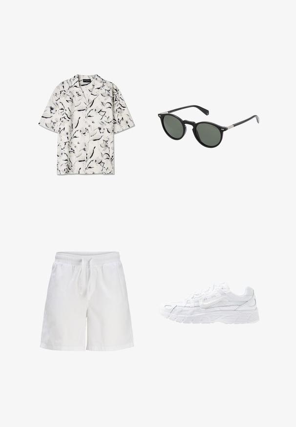 Korte mouw, open-kraag shirt met een witte basis en zwarte en grijze bloemenpatronen. Lichtgewicht stof met knoopdetails.; Witte katoenen shorts met een elastische tailleband en trekkoord. Heeft een relaxte pasvorm en zijzakken.; Nike Sportswear P 6000 - Sneakers laag - white/platinum tint; Ronde zwarte zonnebril met donker groene lenzen, plastic frame en metalen accenten op de tempels. Glad oppervlak, minimalistisch ontwerp.