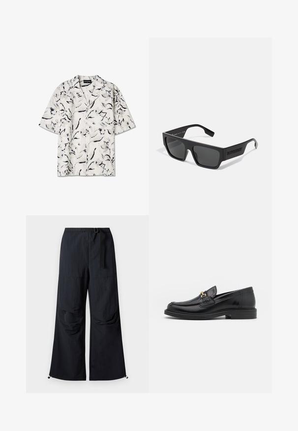 Kurzärmliges, offenes Kragenhemd mit weißem Grund und schwarzen sowie grauen Blumenmustern. Leichter Stoff mit Knopfdetails.; Schwarze, weit geschnittene Hose aus leichtem Stoff. Verfügt über einen Gürtel, zwei große Seitentaschen und verstellbare Säume mit Kordelzug.; Schwarze Lederleter mit einer abgerundeten Zehenpartie, ausgestattet mit goldenen Hardwareakzenten und Stichdetails, auf einer niedrigen, strukturierten Gummisohle.; Schwarze Sonnenbrille mit rechteckiger Form, mattem Finish und grauen Gläsern. Mit eingeprägtem Logo an den Bügeln. Klassisches Design.