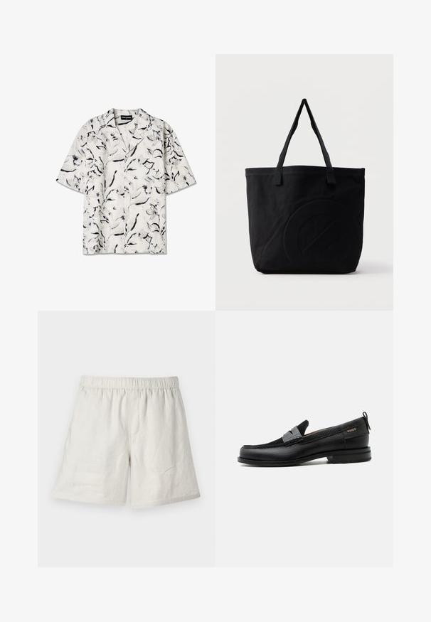 Kortærmet skjorte med åben krave i hvid base med sorte og grå blomsterede mønstre. Letvægtsstof med knapdetaljer.; Lysbeige linnedshorts med elastisk talje, der har en afslappet pasform og minimale sømme for et simpelt, afslappet design.; Sort læderloafer med grå remdetalje, lav hæl og tekstureret sål, mærket med "HUGO" i guld på siden.; Sort canvas-tote-taske med to skulderstropper og et diskret præget cirkeldesign på fronten.