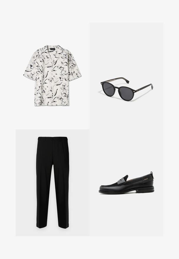 Camisa de manga corta y cuello abierto con una base blanca y patrones florales en negro y gris. Tejido ligero con detalles de botones.; Pantalones negros de tela suave, con corte recto, dos bolsillos frontales y cremallera con cierre de botón.; Mocasín de cuero negro con detalle de tira gris, tacón bajo y suela texturizada, con la marca "HUGO" en oro en el lateral.; BOSS Gafas de sol - black