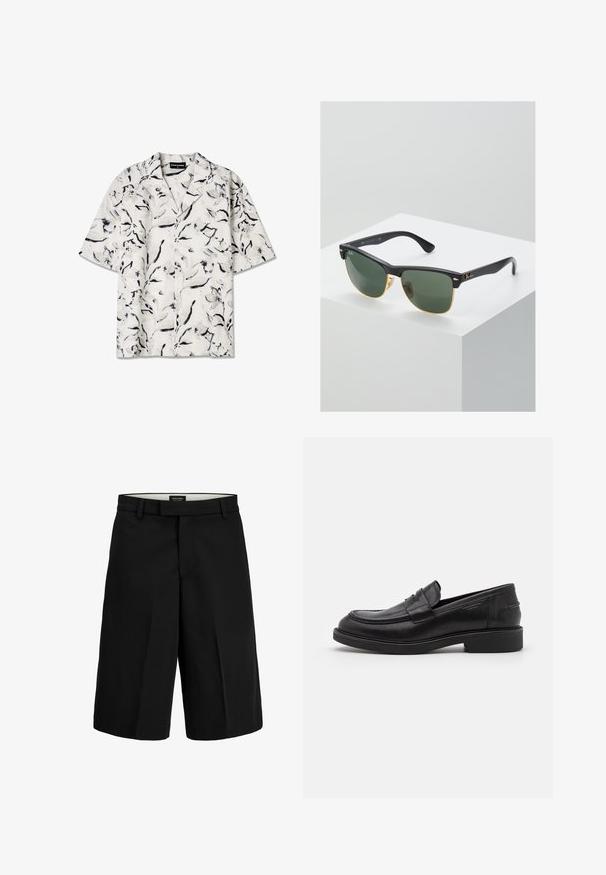 Korte mouw, open-kraag shirt met een witte basis en zwarte en grijze bloemenpatronen. Lichtgewicht stof met knoopdetails.; Zwarte op maat gemaakte korte broek tot aan de knieën met lussen voor een riem en een plooi aan de voorkant, het taillelabel vermeldt "JACK & JONES Pants Studio".; Zwarte leren loafers met een ronde neus, ton-sur-ton stiksels en een banddetail aan de voorkant. Rubberen zool met een lage hak.; Ray-Ban zonnebrillen met groene lenzen, zwarte plastic monturen en gouden accenten aan de randen. Vierkante vorm met een matte afwerking.