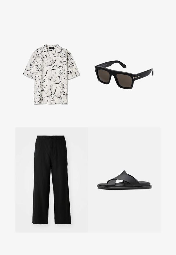 Korte mouw, open-kraag shirt met een witte basis en zwarte en grijze bloemenpatronen. Lichtgewicht stof met knoopdetails.; Zwarte wijde broek van lichtgewicht stof, met een elastische tailleband met trekkoord en zonder zichtbare zakken of patronen.; Stuart Weitzman BERKLEY - Muiltjes - black; Zwarte vierkante zonnebril met donkere lenzen, featuring gouden accenten op de armen en een gladde kunststof textuur.