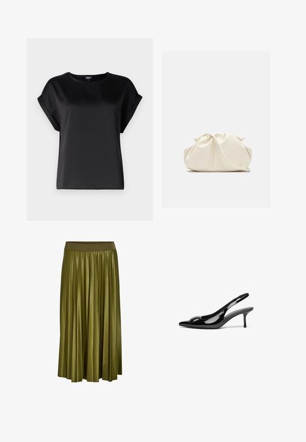 Haut noir à manches courtes en tissu lisse avec un col rond et des détails de manches retroussées. Design simple sans motifs ni accessoires.; Jupe midi plissée vert kaki avec une large ceinture élastique et une texture de tissu lisse.; Escarpins slingback en cuir verni noir avec un bout pointu et une finition brillante. Présente un talon fin et un accent arrondi au dessus du pied.; Pochette en cuir souple couleur crème avec un design froncé et une fine bandoulière reposant à l’avant sur un fond uni.