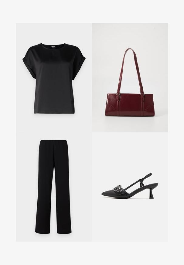 Top negro de manga corta hecho de tela suave, con escote redondo y detalles de mangas enrolladas. Diseño sencillo sin patrones ni accesorios.; Pantalones de pierna ancha negros con cintura elástica, hechos de una tela suave, que presentan un diseño limpio y minimalista sin adornos.; Simmi London DALA - Tacones - black; Bolso burdeos hecho de material brillante, de forma rectangular, con dos asas para el hombro y sutiles acentos curvados en la parte frontal.