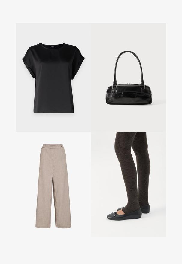Top negro de manga corta hecho de tela suave, con escote redondo y detalles de mangas enrolladas. Diseño sencillo sin patrones ni accesorios.; Pantalones anchos beige hechos de tejido liviano. Cuentan con una textura suave, una cintura ajustada y bolsillos laterales para un detalle funcional.; Piernas con leggings oscuros acanalados combinados con bailarinas negras que presentan pequeños detalles de lazo sobre un fondo blanco.; Bolso de mano de cuero negro con forma rectangular, equipado con un asa estructurada, herrajes en plata y cierre de cremallera. Textura suave.