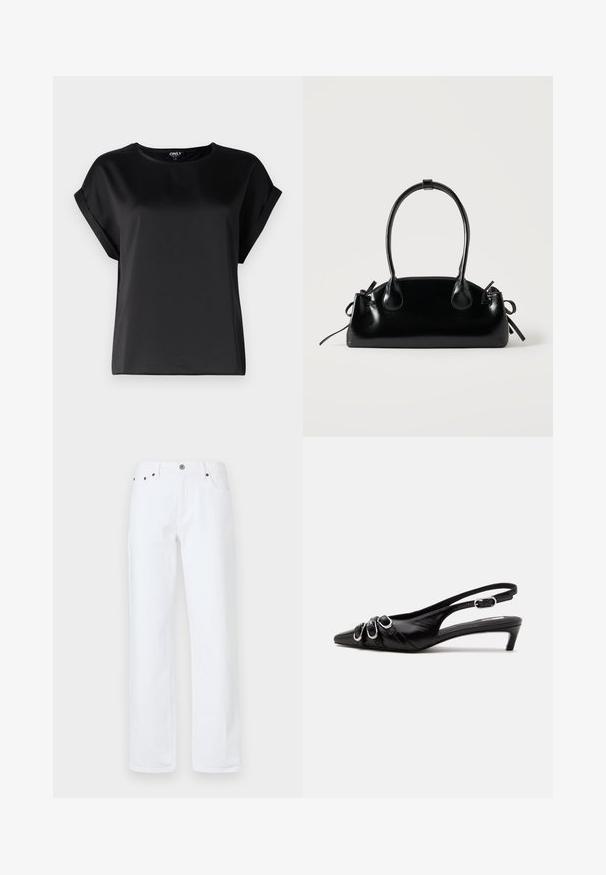 Haut noir à manches courtes en tissu lisse avec un col rond et des détails de manches retroussées. Design simple sans motifs ni accessoires.; Des jeans en denim blanc présentent une coupe décontractée avec une jambe droite, un design à cinq poches, une fermeture à bouton à l'avant et des rivets de couleur cuivrée.; Chaussure slingback en cuir noir avec bout pointu, trois boucles argentées à l'avant et petit talon kitten sur fond blanc.; Petit sac à main noir brillant avec deux longues anses et des détails à cordon sur les côtés sur un fond clair uni.