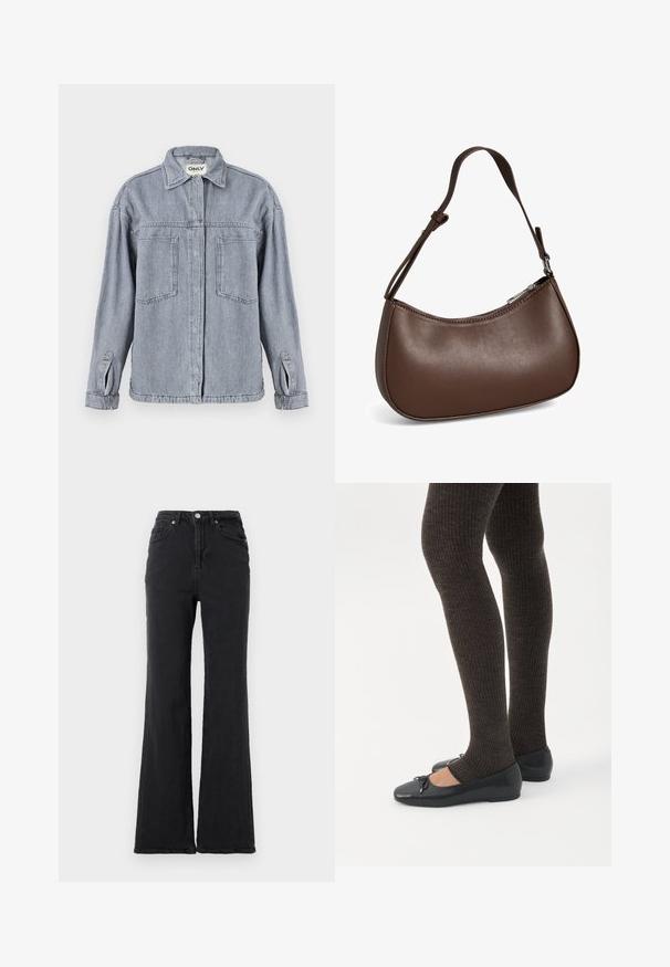 Heledhalli denimhjakas heledas hallis, kaelusega, ees lukuga kinnitamine, kaks rinna-taskut ja üleskeeratud varrukad. Tunda on kulunud tekstuuri.; Mustad kõrge vöökohaga denim teksad, millel on laienev jalg, esi nupp ja viie tasku disain, neutraalse valge tausta ees.; Jalad seljas tumedad soonelises soonelises kombines mustade baleriinadega, millel on väikesed paelade detailid valgel taustal.; Väike pruunist nahast õlakott reguleeritava rihma ja tõmblukuga, näidatud valgel taustal. Nähtavat kaubamärki ega kaunistusi pole.