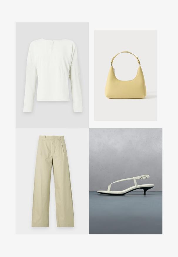 Haut à manches longues blanc avec un col rond et une fermeture éclair au dos. Présente une coupe décontractée et des détails de couture subtils, fabriqué à partir d'un tissu lisse.; Pantalons larges en coton beige clair, présentant un devant plat avec des plis, des passants de ceinture et des ourlets à revers. Texture lisse et design décontracté.; Sandale blanche à talon kitten avec des lanières et un bout pointu, flottant au-dessus d'un sol en carrelage en bois en plein air avec un arrière-plan flou de plante et de mur.; Sac à main en cuir jaune avec une silhouette incurvée, une bandoulière courte réglable et un compartiment zippé. Présente un logo subtil à l'avant.