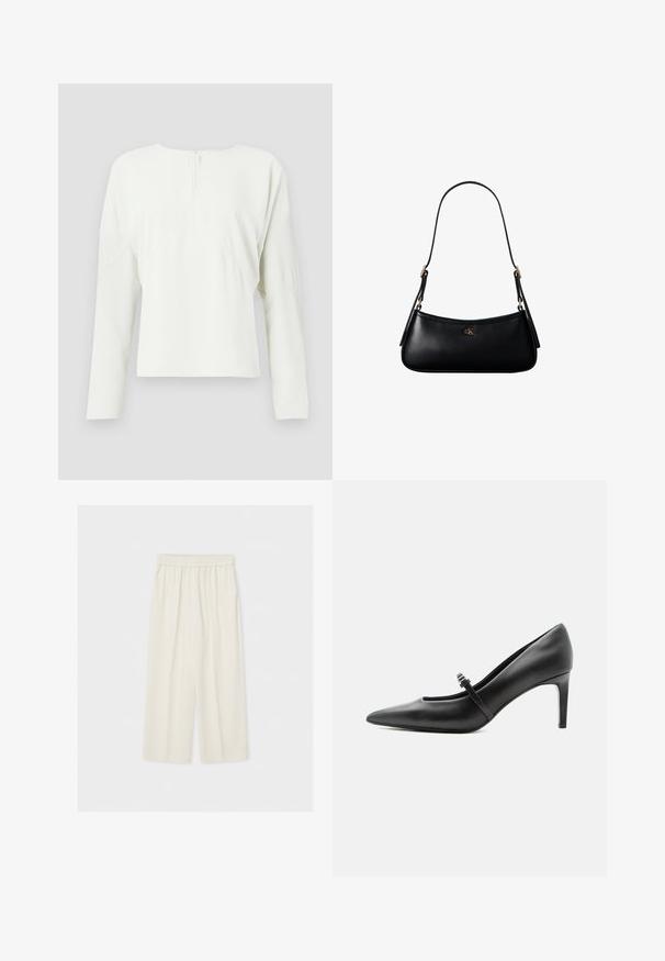 Haut à manches longues blanc avec un col rond et une fermeture éclair au dos. Présente une coupe décontractée et des détails de couture subtils, fabriqué à partir d'un tissu lisse.; Pantalon ample taille haute de couleur crème avec une ceinture élastique, présenté à plat sur un fond clair.; Escarpin noir en cuir à bout pointu avec une fine bride et une boucle sur le cou-de-pied, posé sur un fond clair neutre.; Mini sac à bandoulière en cuir noir avec une fine bandoulière et un petit logo CK doré au centre avant.