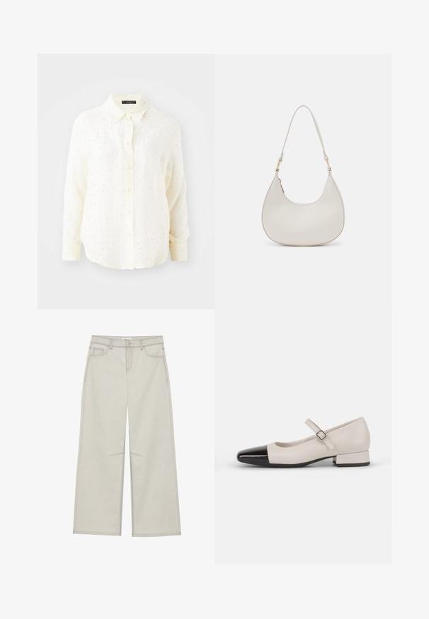 Chemise à manches longues en crème avec col boutonné, présentant une légère texture et des accents de points argentés dispersés.; Pantalons larges gris clair avec cinq poches, fermeture à bouton à l'avant et surpiqûres en contraste le long des coutures. Le tissu semble doux et durable.; Chaussure de style Mary Jane en cuir crème avec un bout en vernis noir. Présente un bout rond, une sangle de cheville avec une boucle carrée et un petit talon carré.; Sac épaule en cuir crème en forme de croissant, avec une fine sangle et des détails de coutures subtils. Design minimaliste avec des accents en métal doré.
