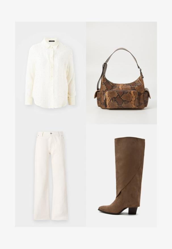 Chemise à manches longues en crème avec col boutonné, présentant une légère texture et des accents de points argentés dispersés.; Jean large blanc en denim, avec une fermeture à bouton à l'avant, cinq poches et une texture lisse sans motif visible.; Botte haute marron en daim avec un détail plissé et un talon bloc de hauteur moyenne, montrée de profil sur fond blanc.; Sac à main en imitation serpent marron avec une surface texturée, un design arrondi, une bandoulière unique et une poche zippée à l'avant.