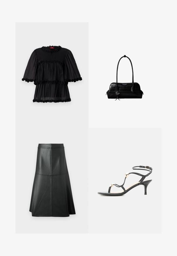 Blouse légère noire présentant un col rond, des manches courtes bouffantes et trois volants superposés ornés d'une bordure florale.; Jupe trapèze en cuir noir, texture lisse, longueur mi-mollet, avec des détails de couture horizontale à la taille et aux coutures pour un maintien supplémentaire.; Sandale noire à fines lanières et talon moyen, ornée de perles dorées et d'une bride de cheville avec boucle sur fond blanc.; Sac à épaule en cuir noir à texture crocodile, avec de longues sangles et un petit charm logo argenté sur une sangle.