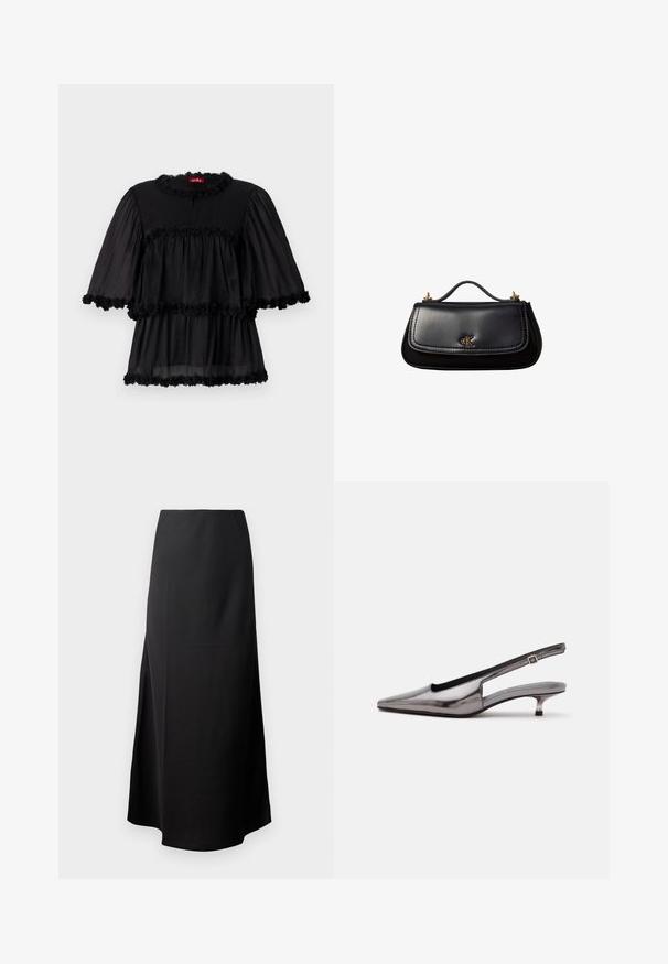 Blouse légère noire présentant un col rond, des manches courtes bouffantes et trois volants superposés ornés d'une bordure florale.; Jupe midi noire avec une texture lisse, conçue avec une taille haute et une fente sur le côté, présentant une silhouette simple et sans ornements.; Chaussure slingback gris métallique à bout pointu, petit talon kitten et bride réglable sur fond blanc.; Sac à main en cuir noir avec une petite poignée, logo "cK" doré sur le rabat avant, et accessoires dorés.