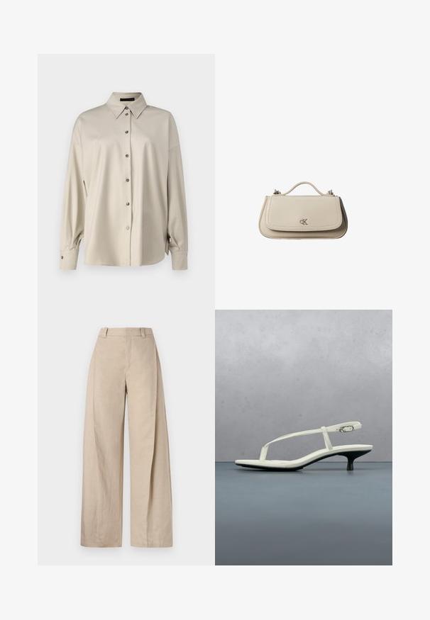 DRYKORN LYSILA - Chemisier - brown; Pantalons larges en lin beige à taille haute, avec une texture lisse et des lignes épurées, conçus pour un ajustement décontracté.; Sandale blanche à talon kitten avec des lanières et un bout pointu, flottant au-dessus d'un sol en carrelage en bois en plein air avec un arrière-plan flou de plante et de mur.; Petit sac à main en cuir beige avec poignée supérieure et logo CK argenté sur le rabat avant, présenté sur fond blanc.