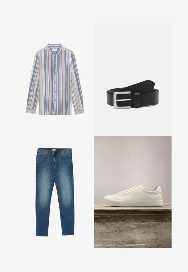Chemise à manches longues avec un col, ornée de rayures verticales bleues, beiges et blanches. Fabriquée dans un tissu texturé, avec un col et des boutons en métal.; Jean en denim bleu moyen avec un délavage léger, design à cinq poches, coupe droite et accents cousus. Fermeture par bouton et zip.; Sneaker en dentelle blanche flottant au-dessus d'un banc en bois avec un feuillage vert en arrière-plan, mettant en valeur le design et la texture de la chaussure.; Ceinture en cuir noir avec une texture lisse, boucle rectangulaire en argent et une boucle pour l'extrémité. Présente des coutures soignées le long des bords.