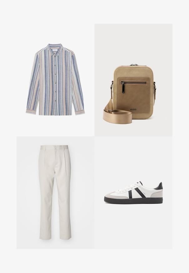 Chemise à manches longues avec un col, ornée de rayures verticales bleues, beiges et blanches. Fabriquée dans un tissu texturé, avec un col et des boutons en métal.; Pantalon beige en tissu tissé, avec une coupe droite, des plis à l'avant, des passants de ceinture et une fermeture à bouton unique à la taille.; Baskets blanches avec des accents noirs et gris, présentant un embout texturé gris, une semelle en caoutchouc noir et des lacets plats blancs. Design épuré, style minimaliste.; Petit sac bandoulière beige avec poche avant zippée, logo métallique ALDO, sangle large ajustable et forme rectangulaire arrondie sur fond blanc.