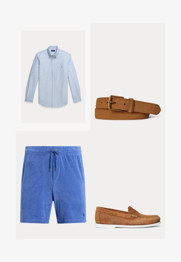 Lyseblå langærmet skjorte med hvide lodrette striber og et lille broderet Polo Ralph Lauren-logo på brystet.; Blå frottéshorts med elastisk talje og snøre, med lille broderet logo nær kanten.; Brun ruskindslipper med hvid sål og beige syninger langs tåen og øverste kant vist i sideprofil på ensartet baggrund.; Brunt ruskind læderbælte med guldfarvet metalspænde, syninger på kanterne og præget logo på spidsen mod en ensfarvet baggrund.